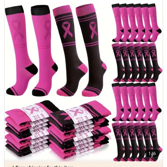 2 Pr Pink Ribbon Knee High Socks Breast Cancer Awareness Month Barbie Pink