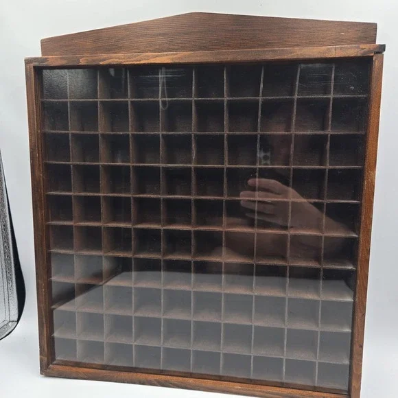 Vtg Miniatures Display Case Cabinet Wood Sliding Plexiglass Front 100 Cubbies