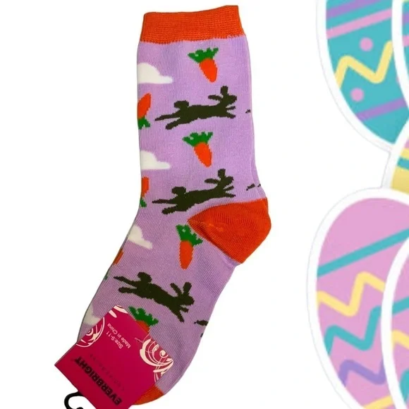 Everbright Easter Socks Women’s Bunny Crew Carrots 9-11 Purple Multicolor