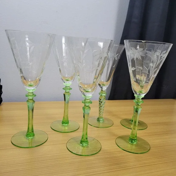 Vintage Uranium Etched Floral Stemware Glass Set of 6 Wine Goblet Optic