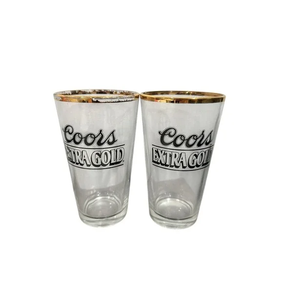 Set of‎ 2 Vintage Coors Light Extra Gold Beer Glasses Gold rimmed