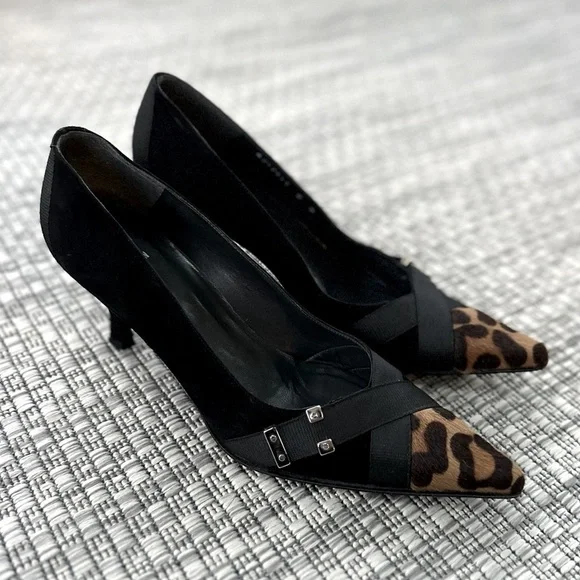 Stuart Weitzman Viceroy Black Suede Haircalf Toecap Kitten Heel Pumps 9M