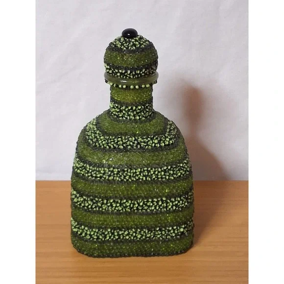 Custom Upcycled Beaded Patron Tequlila Bottle Decanter Green Boho Decor Art