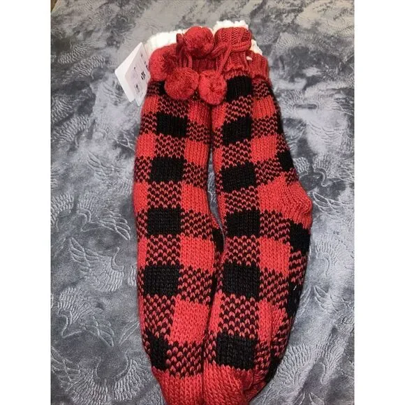 Women's Slipper Socks Buffalo Check Plaid Sherpa Lined  Red/Black Size 4-10. N