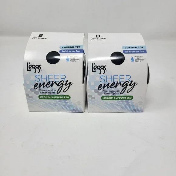 2 pair L'eggs Sheer Energy Medium‎ Jet Black B Support Control Top Compression