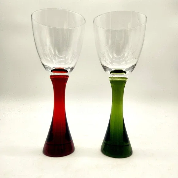 2 Danish Influenced Wine Goblets‎ Green & Red Flared Stems Clear Bowls Vintage