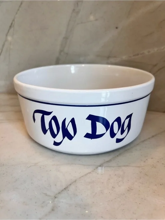 Vintage Clay Design TOP DOG ceramic dog bowl white blue pet food dish