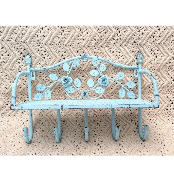 Vintage Shabby Chic Blue Metal Wall Shelf Hook Coat Rack Floral Rose Distressed