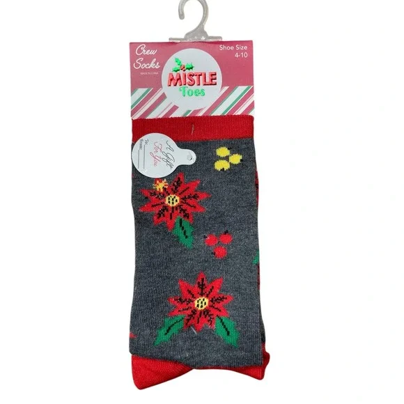 Mistle Toes‎ Crew Socks Christmas Holiday Poinsettia Festive Shoe Size 4-10