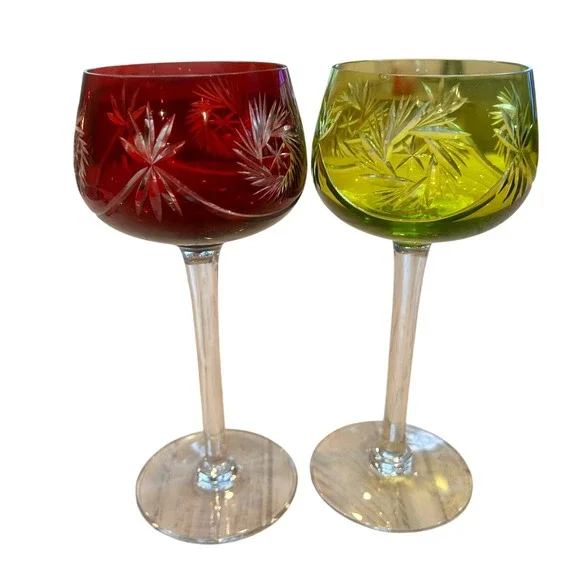 Vintage Bohemian Cut to Clear Crystal Wine Hock‎ Glasses Red Green Set of 2