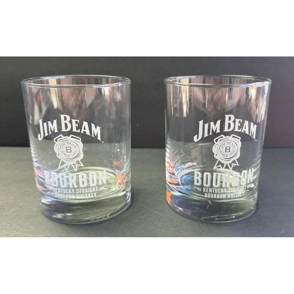 Set of 2 Vtg Jim Beam Bourbon Whiskey Logo Bar Glasses Tumblers Low Ball Rocks