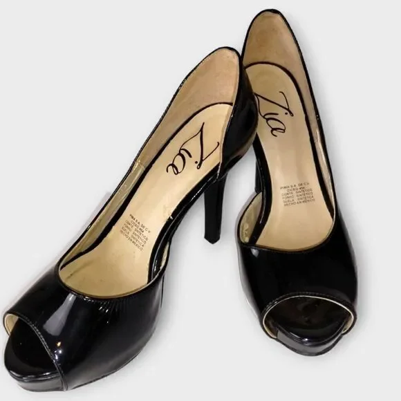 Zia Womens Shoes Sz 9 Black Patent Leather‎ Heels Peep Toe Platform