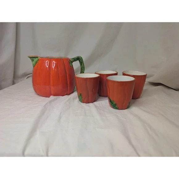 Trompe l'Oeil Hollywood Regency Tomato Pitcher And 4 Cups‎ 1940s Boho Chic