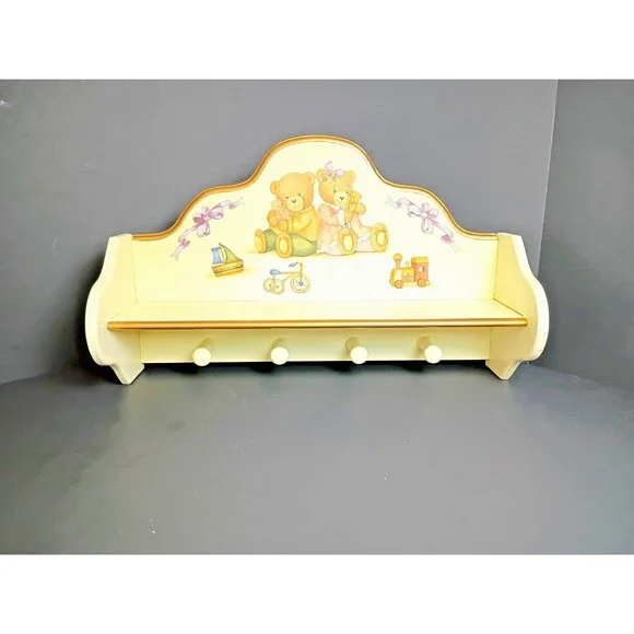 Vintage Wood Nursery Wall Shelf with Hang Pegs Teddy Bears Train Trike Boat