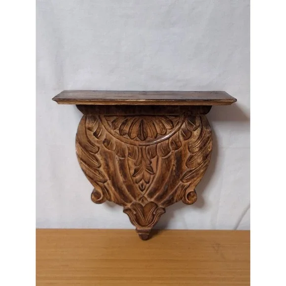 Vintage 1970s Indian Hand Carved Wood Floating Wall Shelf