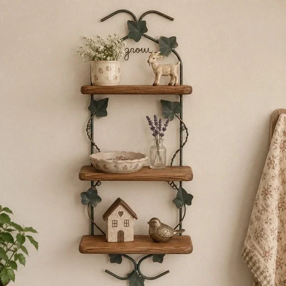 Vtg Wooden Wall Display Shelf ivy Cottage Farmhouse Trinket 30