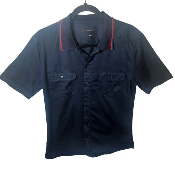 Gucci Duke Mens Navy Blue Web Stripe Collar Short Sleeve Button Down Shirt 15.5
