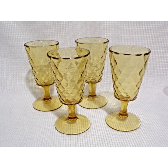 Bryce Brothers Vintage Quilted Diamond Gold Amber Goblets Footed 8 oz Set of 4