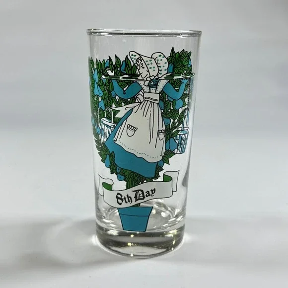 VTG 12 Days of Christmas Glass Tumbler 8th Day Maiden Milking Blue Green 12oz