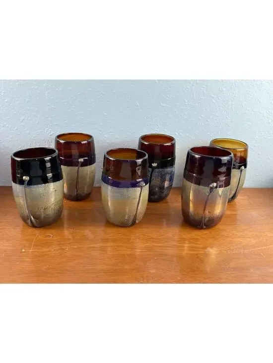 VTG Frederck Warren Art Glass Tumblers Set of 6 Amber Cobalt Iridescent