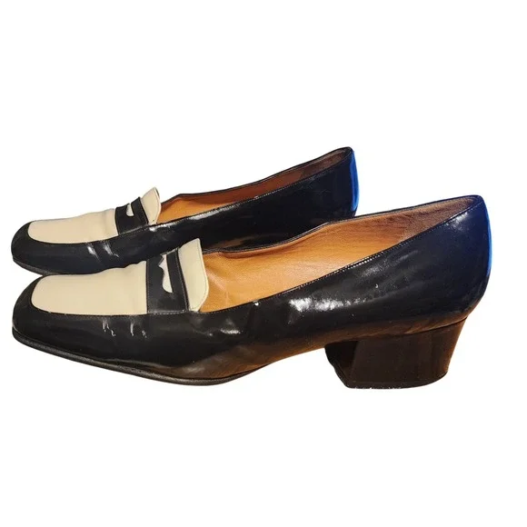 Purple Label Ralph Lauren  Black Cream Patent Leather  Loafers Size 37.5 READ
