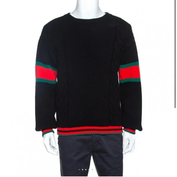Gucci Men Black Web Striped Wool Cable Knit - Small (oversized)