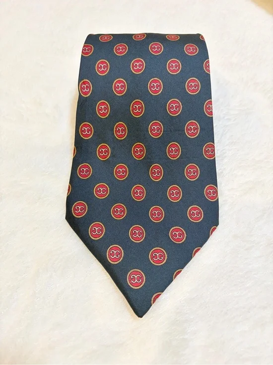 Vintage Gucci Navy Silk Tie with Red and Gold Medallion Pattern