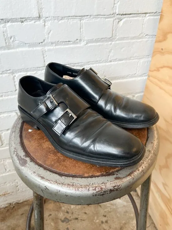 Gucci Men's Black Leather Double Monk Strap Dress Shoes Loafers - US Size 10
