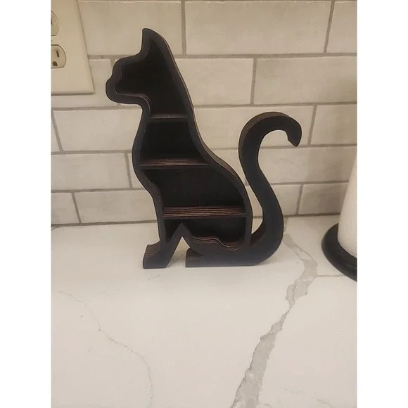 Black Sitting Cat Shaped Shadow Box Or Trinket Shelf Table Top Display Shelf