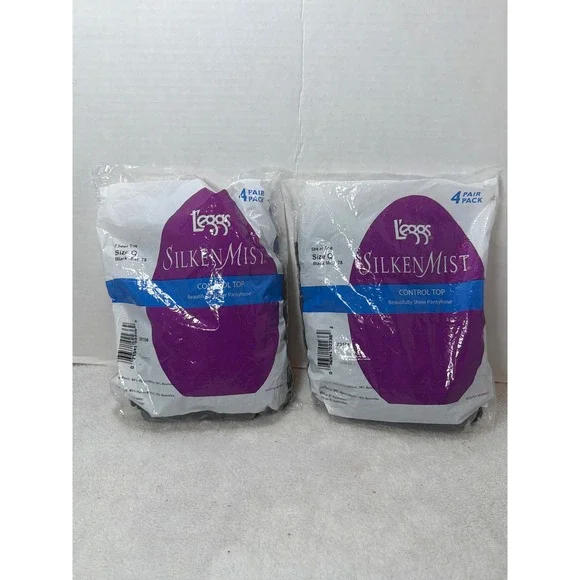 VTG L'eggs Pantyhose Size Q Black Mist 8 Pairs Silken Mist Control Top Sheer Toe