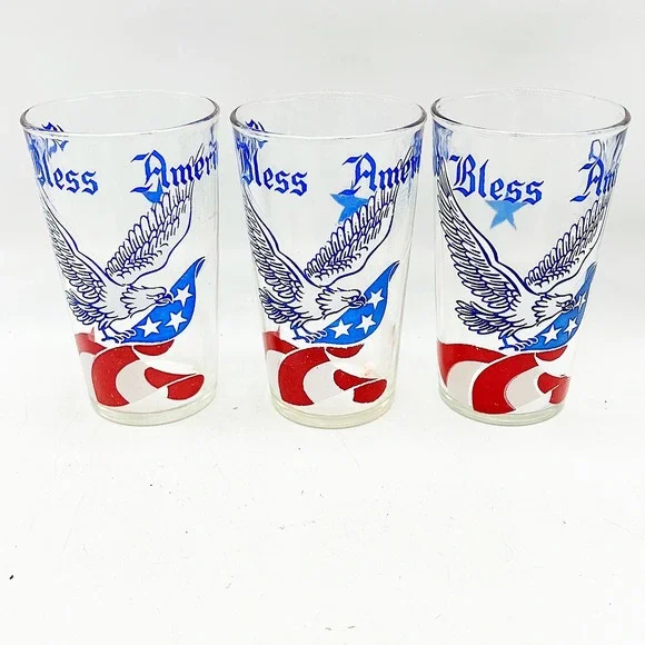 Set of 3 Vintage God Bless America Eagle Drinking Glasses Patriotic Tumblers