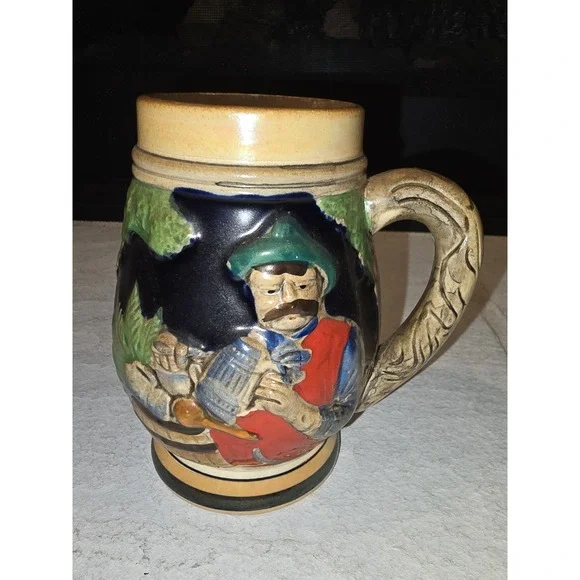Vintage German Style Beer Stein Mug‎ Relief Hand Painted Man Mountain Scene