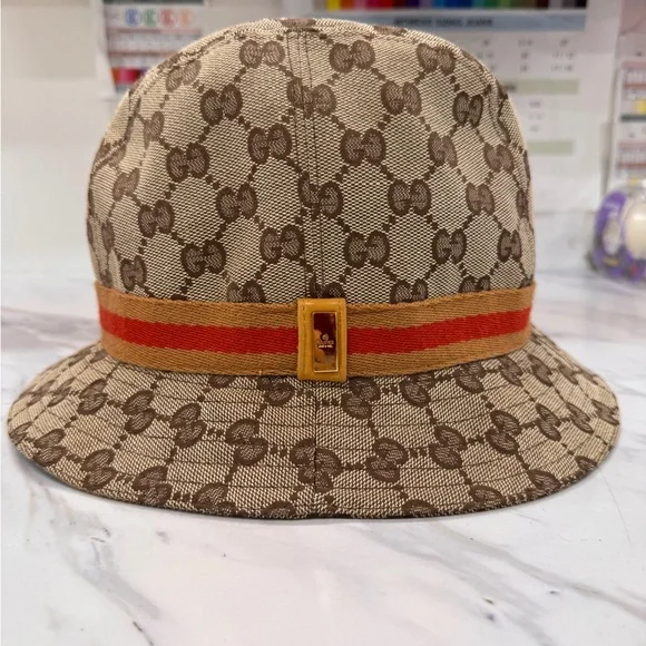 Gucci Beige Brown Monogram Bucket Hat with Orange Stripe