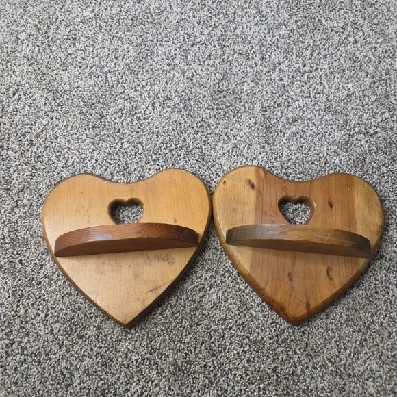Vintage wooden heart shaped shelf with Heart Cut Out set Of two