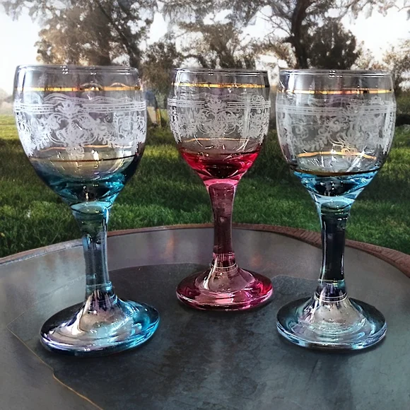 3 Chatel Gold Cristal D'Arques Cordial Glasses‎ Durand Iridescent Cranberry Blue