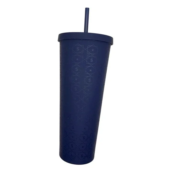Starbucks Navy Blue Matte Geometric Star Logo 24oz‎ Venti Cold Cup Tumbler Straw