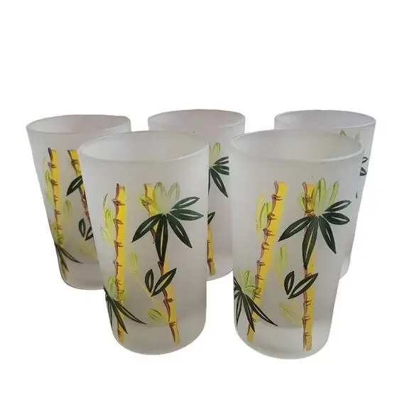 MCM Frosted Glassware Set‎ of 5 8 oz Tropical Bamboo Theme Green Yellow