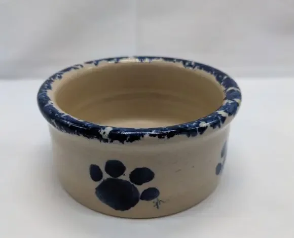Yesteryears Hand Turned Stoneware Dog Bowl Signed Blue Pawprints USA Vintage