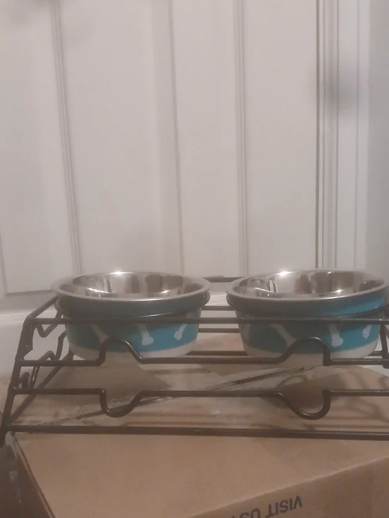 Elevated Double Pet Bowls - Blue Bone Pattern
