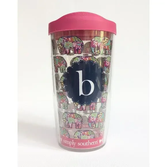 Simply Southern Tervis Tumbler 16 oz “B” Monogram Elephant Print Pink Lid