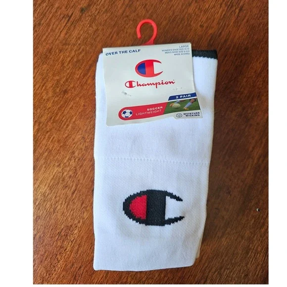 Champion Women Soccer Socks 2 Pair White‎ Over The Calf Lightweight Large 10-13