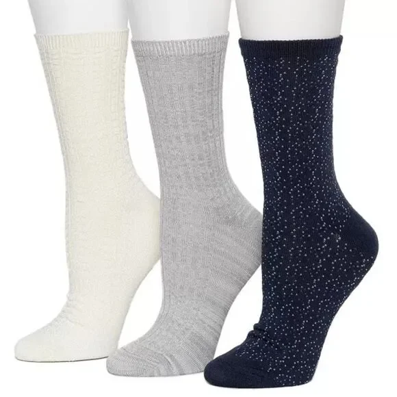 Cuddl Duds Plushfill 3-Pk Scattered Birdseye Spacedye Tuckstitch Crew Socks Navy