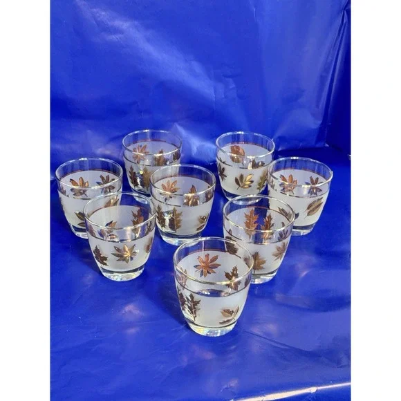 Set of 8 Libbey Golden Foliage Lowball Glasses Gold Rim Frosted 3