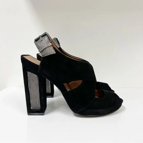 Anthropologie No 704b Olivia Black Suede Peep Toe Heel Metallic 37 7‎