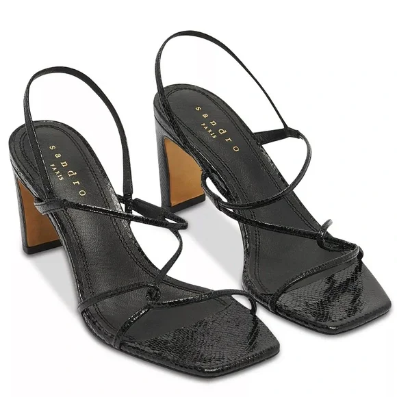 NIB NEW Sandro Faye Argent Snakeskin Embossed Leather Strappy Sandals