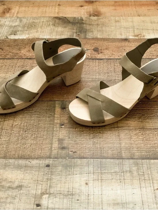 LOFT Olive Suede Cross-Strap Block Heel Sandals