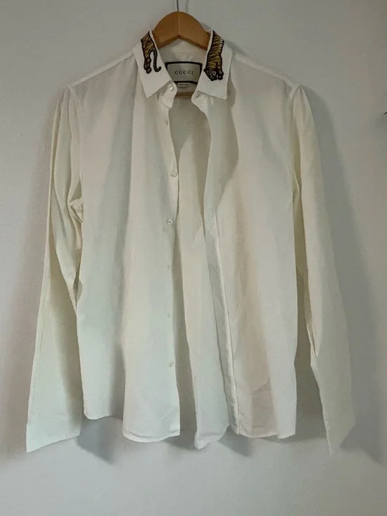 Gucci Men’s Button-Down Shirt with Embroidered Tiger Collar