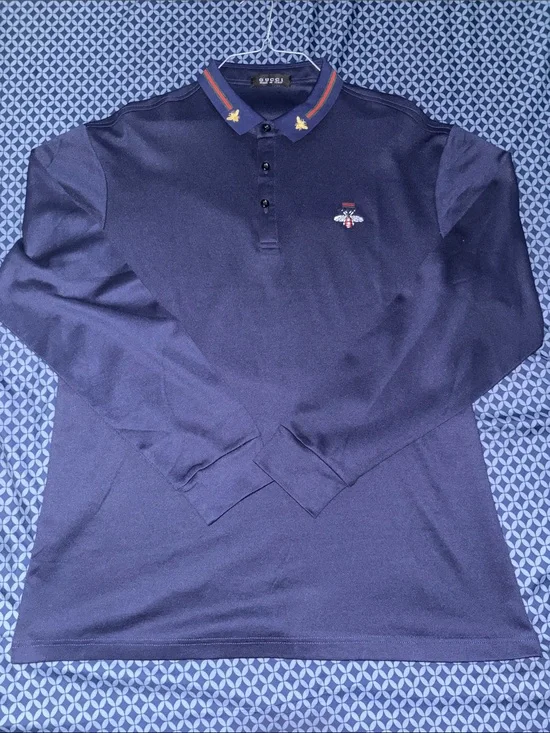 Gucci Navy Long-Sleeve Polo with Embroidered Bee and Contrast Collar