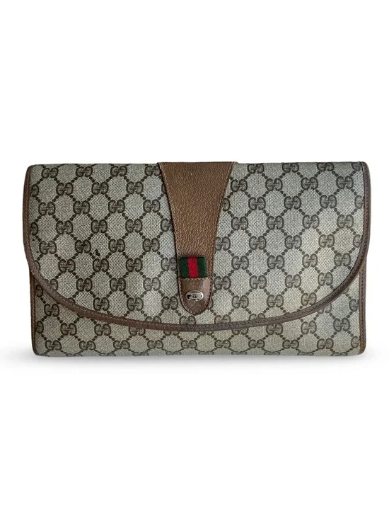 Gucci Beige GG Supreme Canvas Clutch with Brown Trim and Green-Red Web