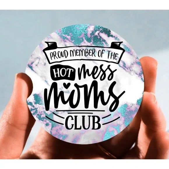 Set of 2 Car Coasters, Hot Mess‎ Moms Club Car Coaster, Neoprene Car Coaster